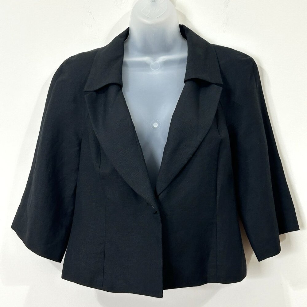 ALFANI Blazer Womens 6P Black Linen Rayon Single Button 3/4 Raglan Sleeve